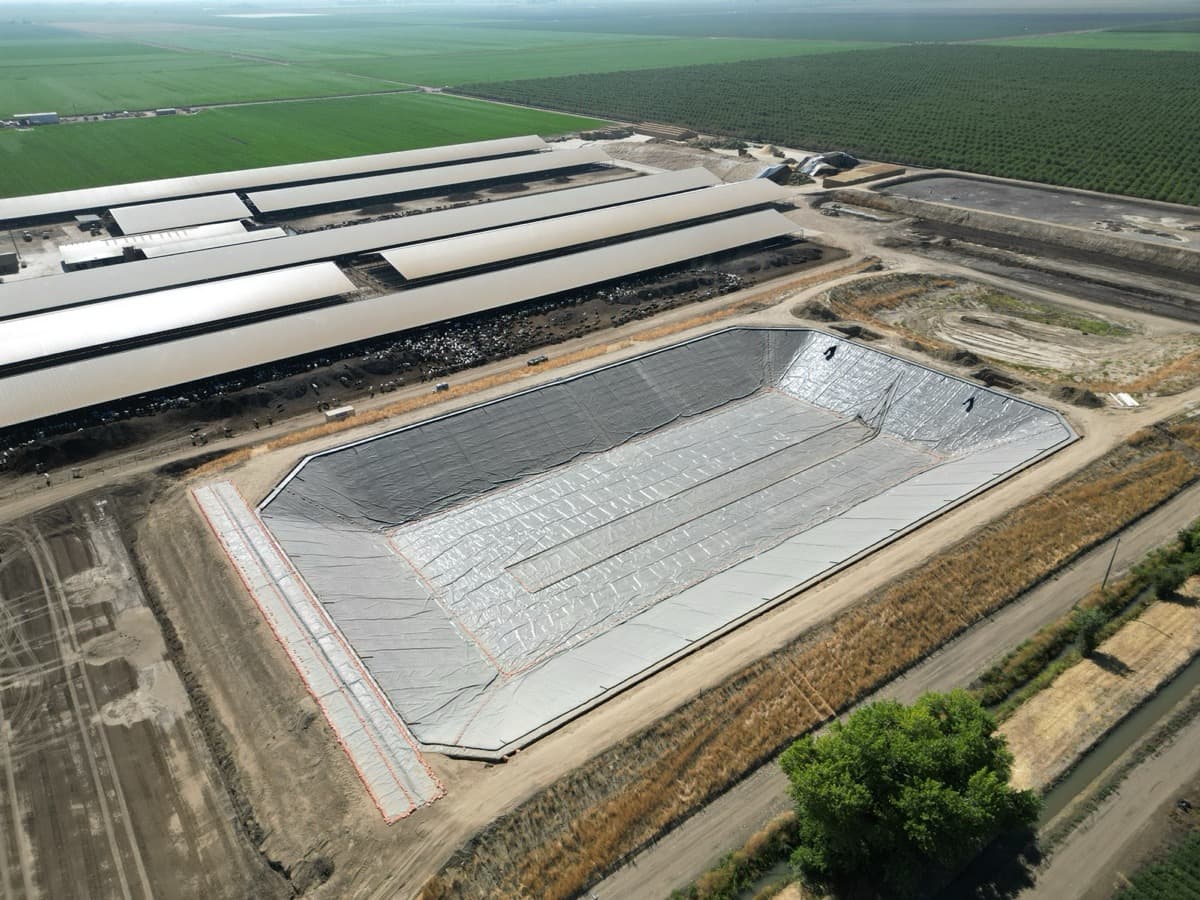 Aerial view of EFI USA lagoon liner installation at a dairy